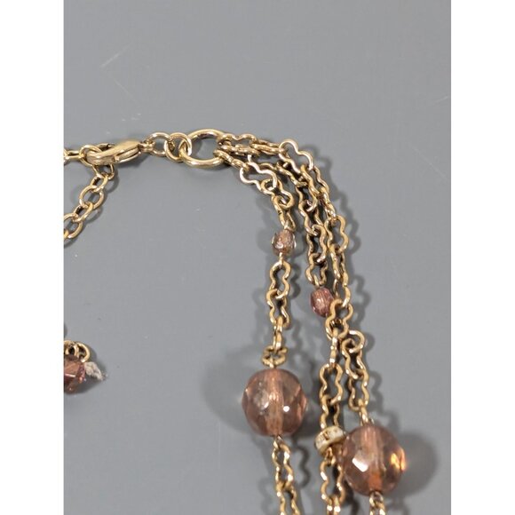 Retro Antiqued Gold Tone Beige Glass Bead Layered Necklace 19" Crystal Accent - Picture 6 of 9